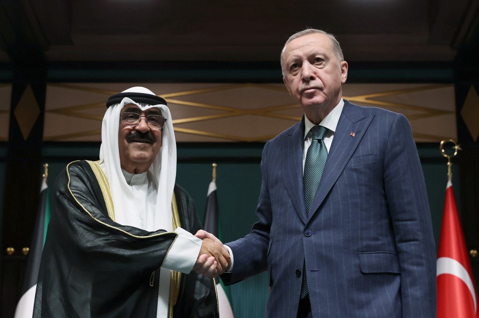 President Recep Tayyip Erdoğan (R) is seen with Kuwaiti Emir Sheikh Mishal Al Ahmad Al Sabah at the Presidential Complex, Ankara, Türkiye, May 7, 2024 (IHA Photo)