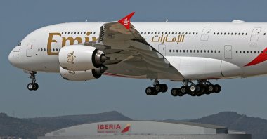 An Emirates Airbus A380-861 with the new livery lands at Barcelona-El Prat Airport, Barcelona, Spain, April 12, 2024. (Reuters Photo)
