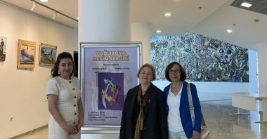 (L-R) Serpil Uysal, Semiha Kale and Aydan Engin, three independent artists, pose at their exhibition, Istanbul, Türkiye, May 8, 2024. (Photo by Buse Keskin)