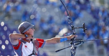 Turkish national archer Mete Gazoz in action against Slovenia&#039;s Den Habjan Malavasic at the European Archery Championship, Essen, Germany, May 12, 2024. (IHA Photo)