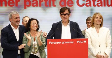 Catalonia&#039;s Socialist Party (PSC) candidate Salvador Illa (C) addresses the media in a press conference during the Catalonia regional election, in Barcelona, Spain, May 12, 2024. (EPA Photo)
