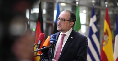 Austrian Foreign Minister Alexander Schallenberg speaks with the media, Brussels, Belgium, May 22, 2023. (AP Photo)