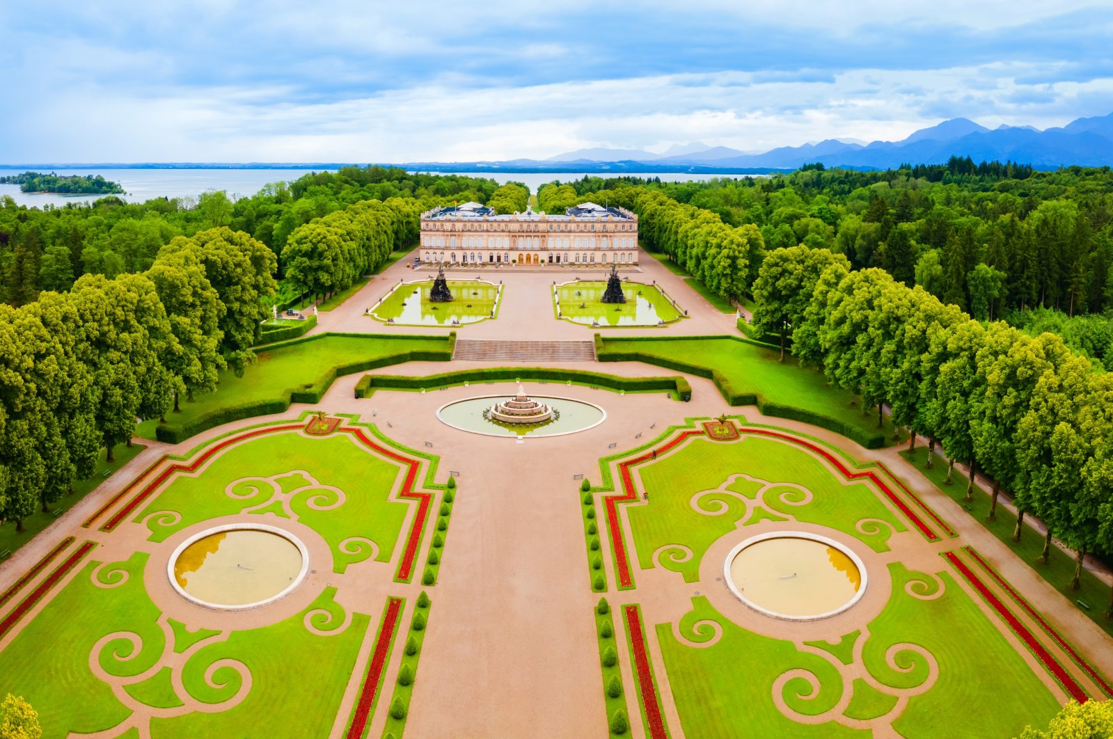 The aerial panoramic view of Herrenchiemsee Palace, built by the renowned Bavarian King Ludwig, Southern Bavaria, Germany. (Shutterstock Photo)