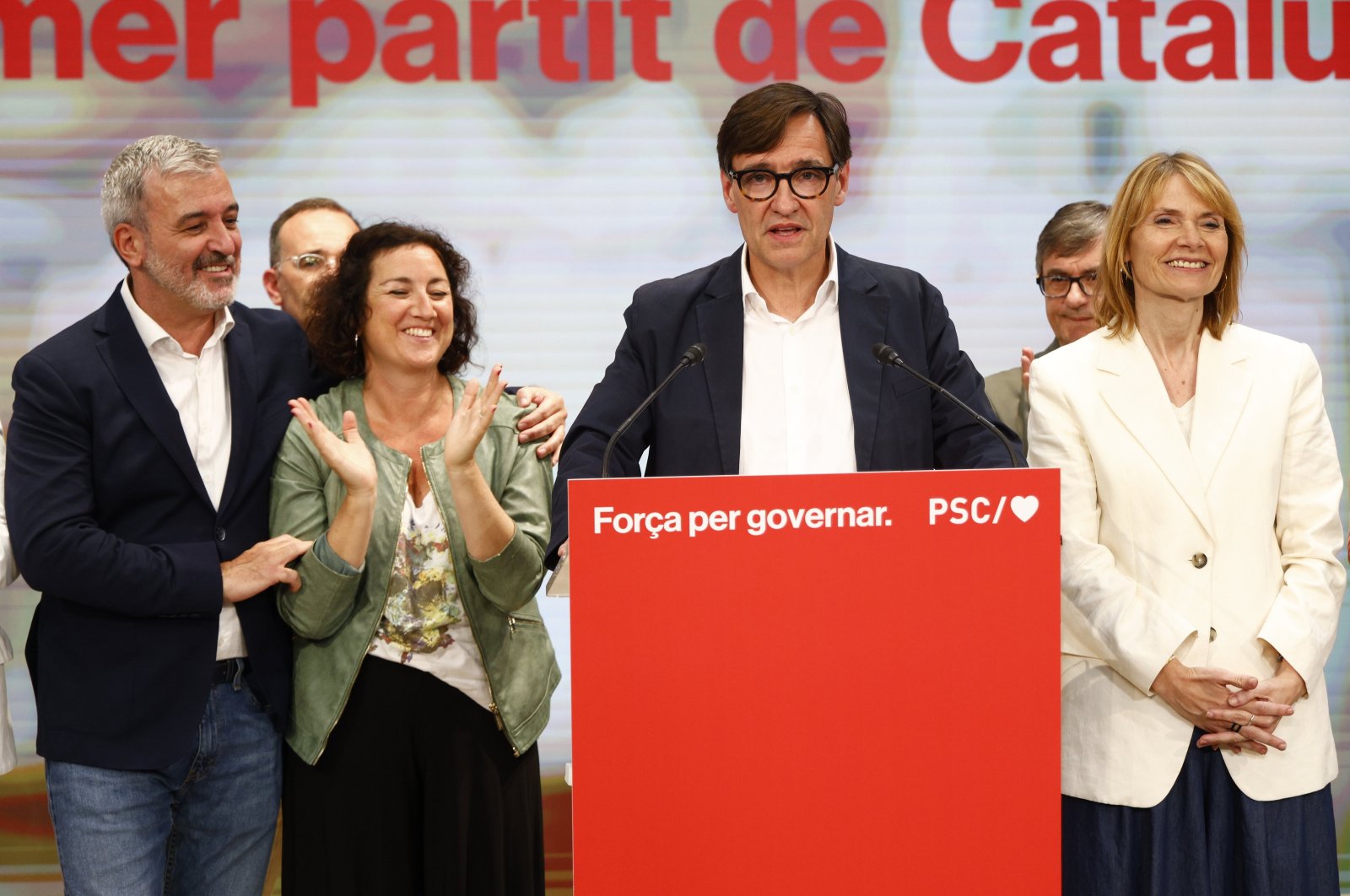 Catalonia&#039;s Socialist Party (PSC) candidate Salvador Illa (C) addresses the media in a press conference during the Catalonia regional election, in Barcelona, Spain, May 12, 2024. (EPA Photo)