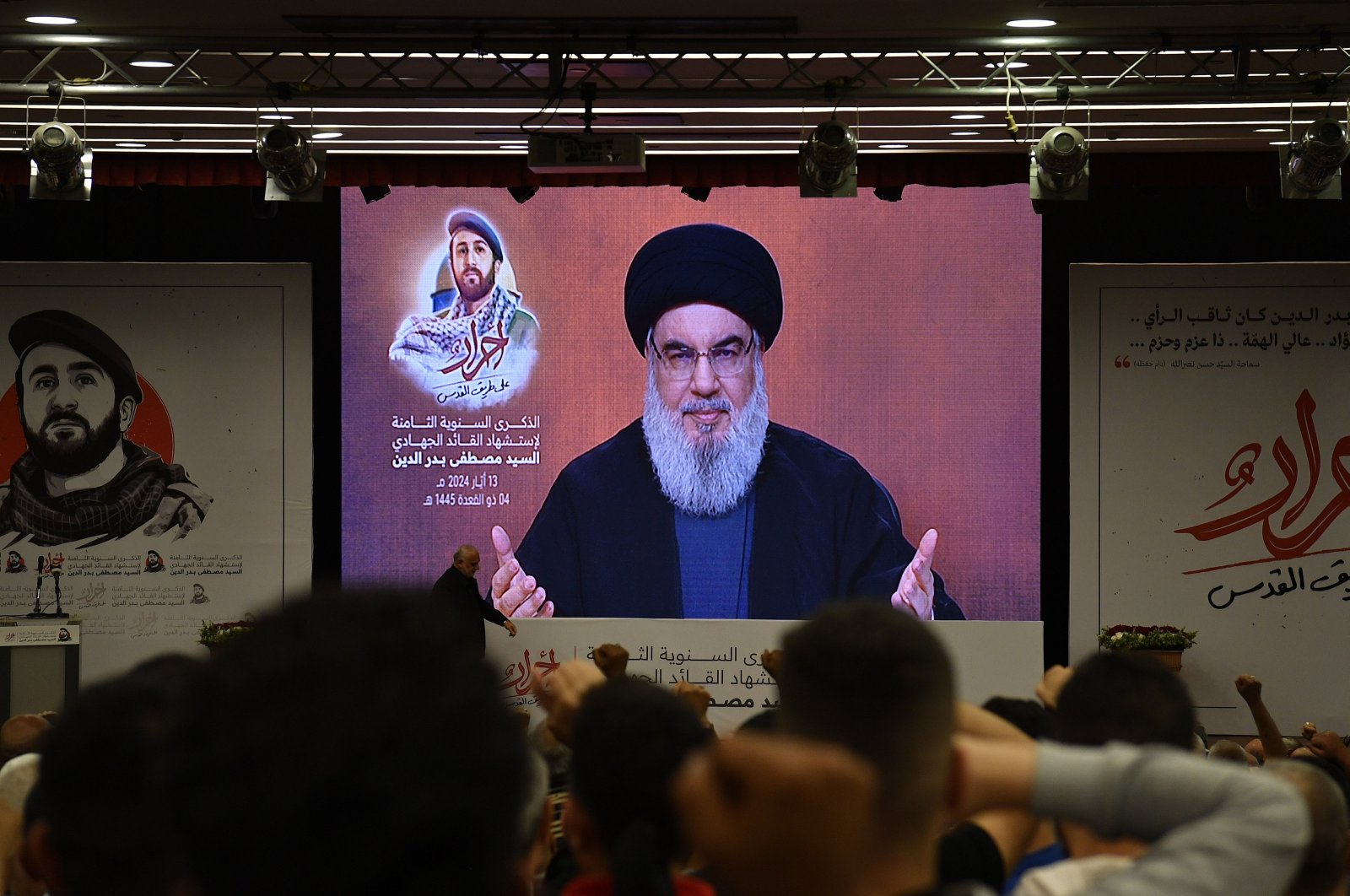 Hezbollah leader Hassan Nasrallah delivers a speech via a screen, in a suburb outside Beirut, Lebanon, May 13, 2024. (EPA Photo)