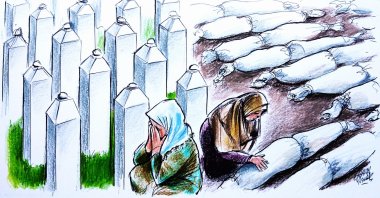 "Today, in this upside-down world, we feverishly await the final vote in the U.N. General Assembly on the genocide in Srebrenica, while Gaza has been destroyed, and its people starved and denied water." (Illustration by Erhan Yalvaç)