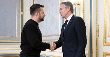 Ukraine&#039;s President Volodymyr Zelenskyy (L) greets U.S. Secretary of State Antony Blinken (R) in Kyiv, Ukraine, May 14, 2024. (AFP Photo)