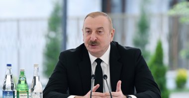 Azerbaijani President Ilham Aliyev speaks at a housing complex opening ceremony in the recently liberated town of Shusha, Karabakh, Azerbaijan, May 10, 2024. (IHA Photo)