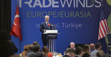Trade Minister Ömer Bolat delivers a speech at the "Trade Winds" forum, Istanbul, Türkiye, May 14, 2024. (AA Photo)