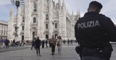 Police patrol in front of Milan gothic cathedral in Milan, March 25, 2024. (AP Photo)