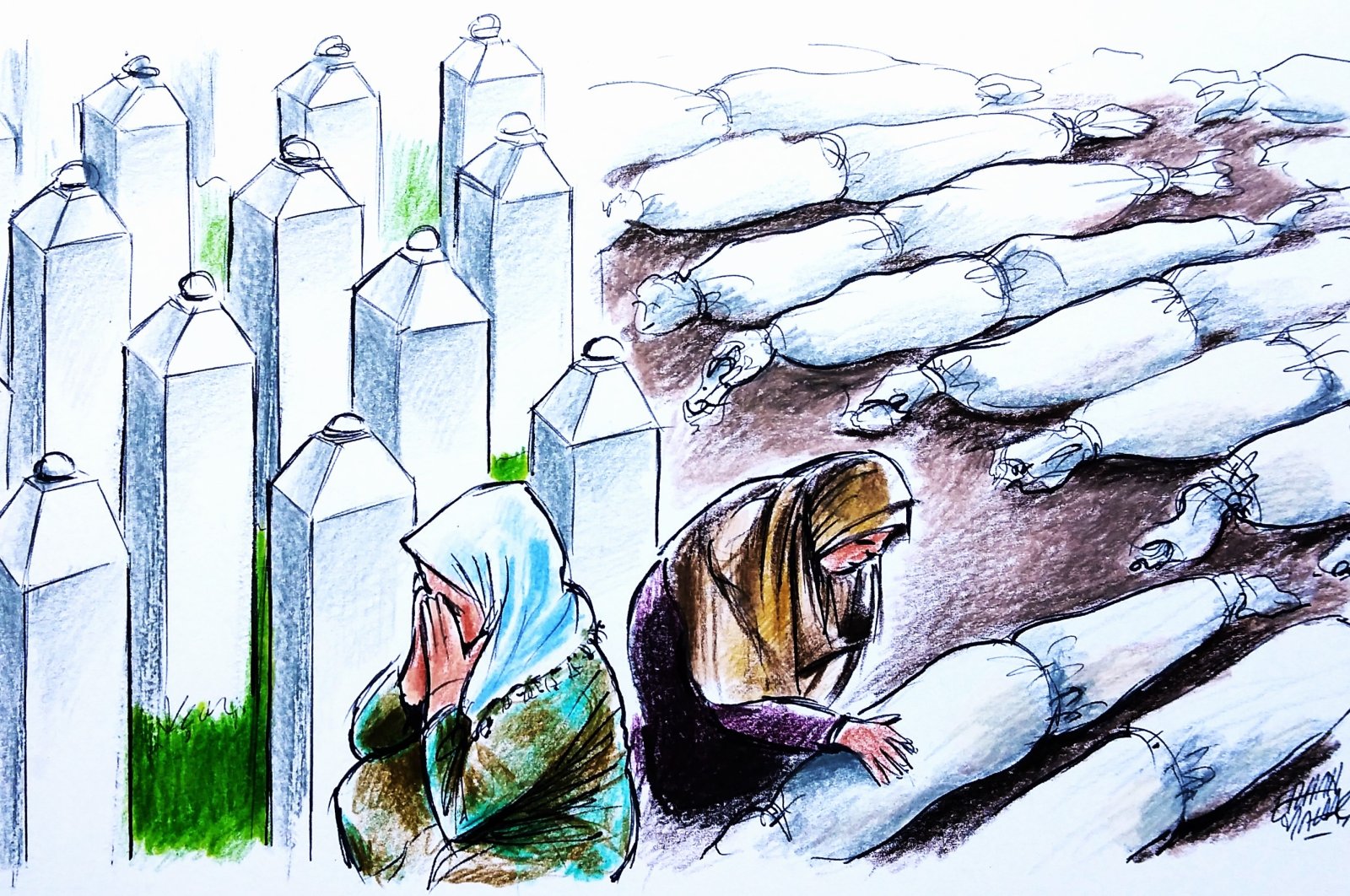 &quot;Today, in this upside-down world, we feverishly await the final vote in the U.N. General Assembly on the genocide in Srebrenica, while Gaza has been destroyed, and its people starved and denied water.&quot; (Illustration by Erhan Yalvaç)