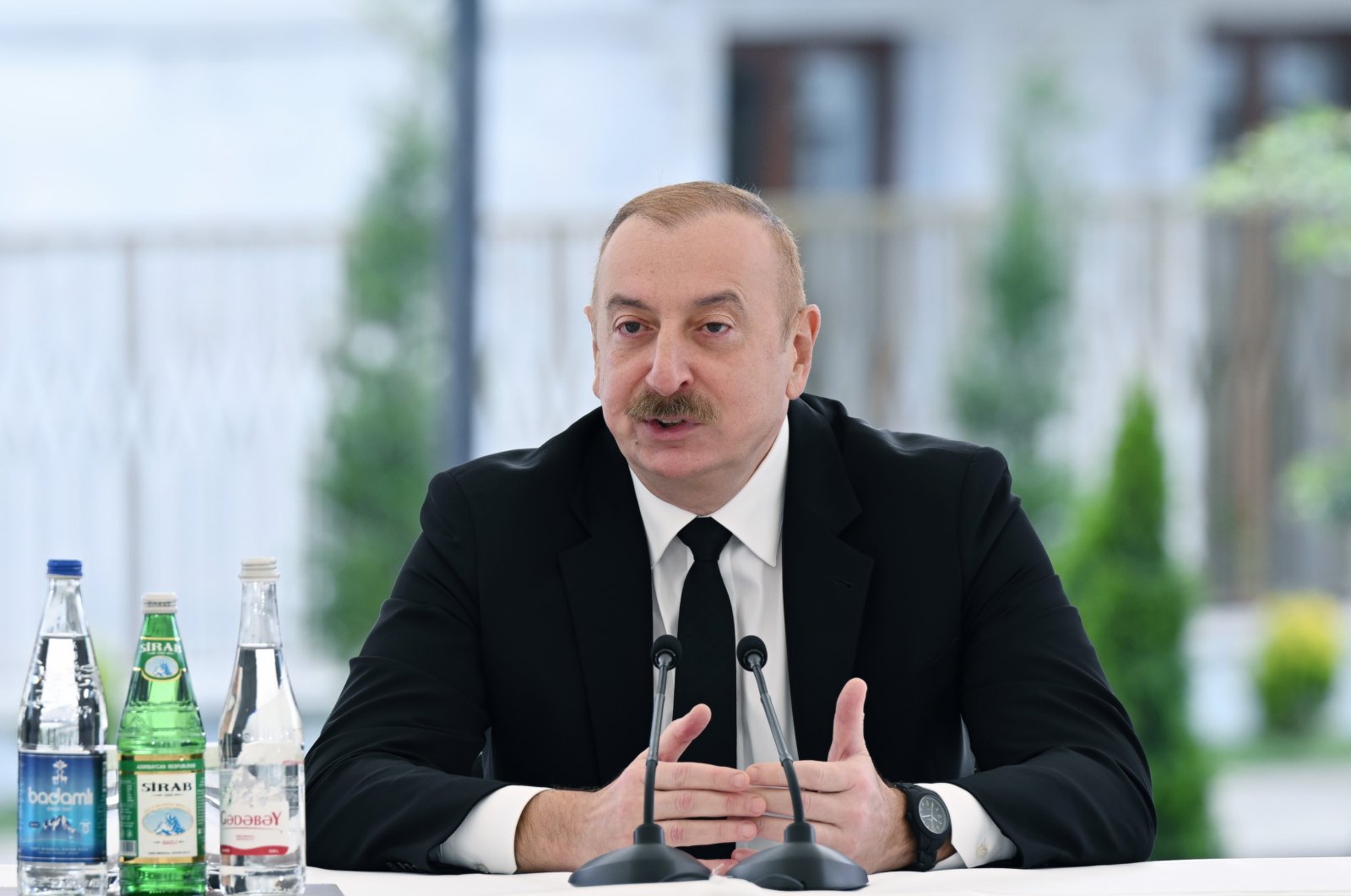 Azerbaijani President Ilham Aliyev speaks at a housing complex opening ceremony in the recently liberated town of Shusha, Karabakh, Azerbaijan, May 10, 2024. (IHA Photo)