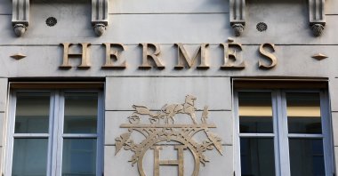 The logo of the fashion house Hermes is seen outside a shop, Paris, France, April 15, 2024. (Reuters)
