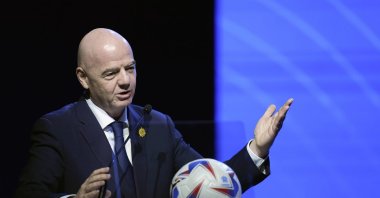 FIFA President Ganni Infantino addresses the 78th Conmebol Congress, Luque, Paraguay, April 11, 2024. (AP Photo)