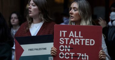 Pro-Palestinian students hold a sit-in at Melbourne University's Arts West building, which the students have temporarily renamed "Mahmoud's Hall" after Mahmoud Al Haq, a prospective University of Melbourne student who died in Gaza, Melbourne, Australia, May 15, 2024. (AFP Photo)