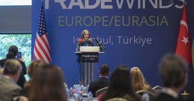 U.S. Istanbul Consul General Julie Eadeh delivers a speech at the &quot;Trade Winds&quot; forum, Istanbul, Türkiye, May 14, 2024. (AA Photo)