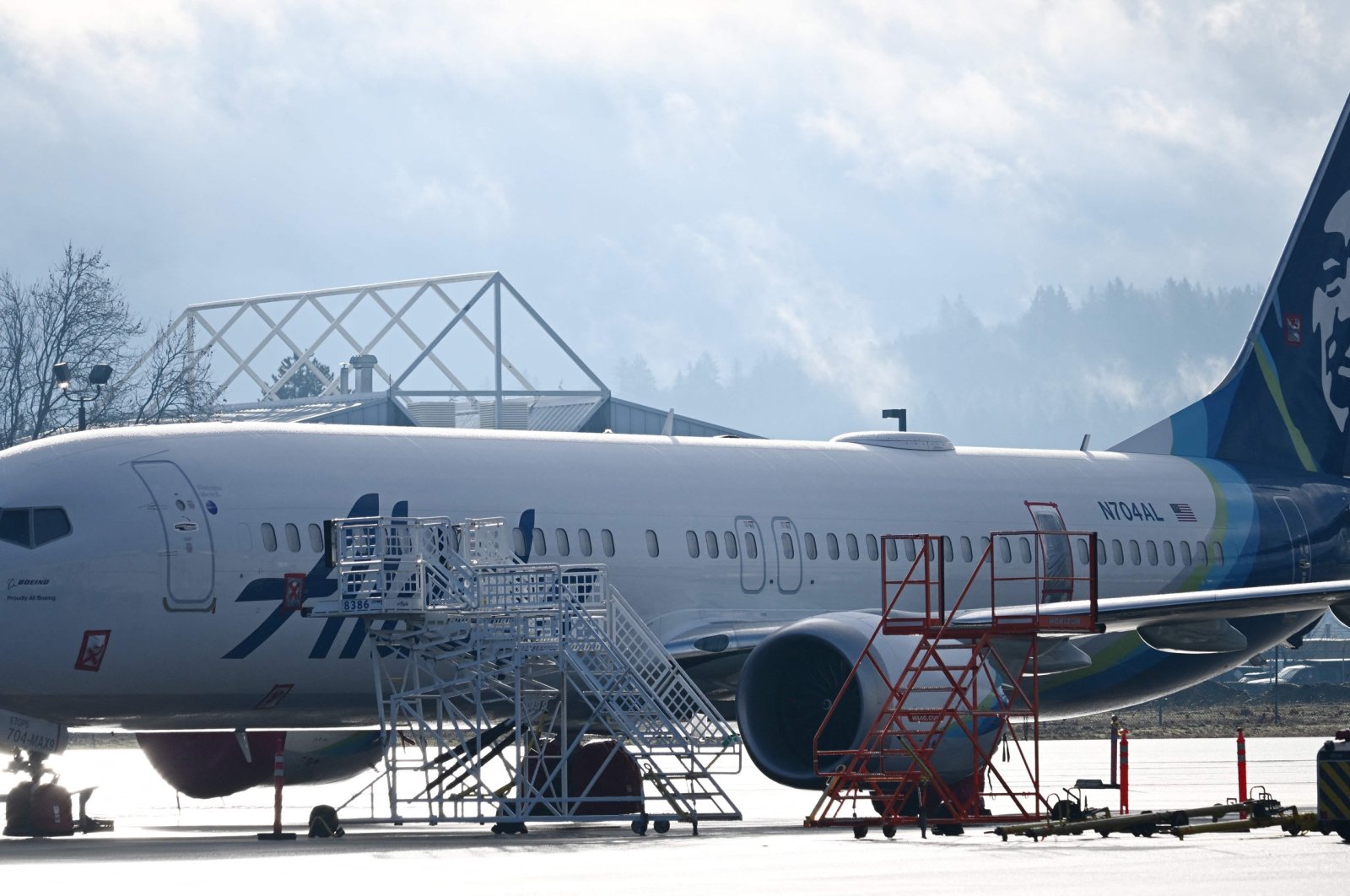 Alaska Airlines N704AL, a 737 Max 9, which made an emergency landing at Portland International Airport on Jan. 5 is parked on the tarmac in Portland, Oregon, U.S., Jan. 23, 2024. (AFP Photo)