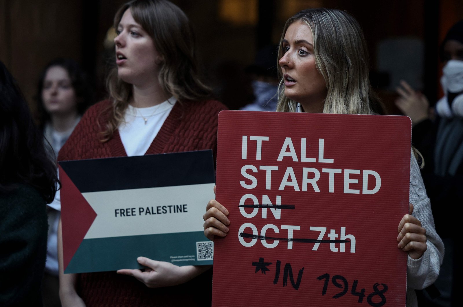 Pro-Palestinian students hold a sit-in at Melbourne University&#039;s Arts West building, which the students have temporarily renamed &quot;Mahmoud&#039;s Hall&quot; after Mahmoud Al Haq, a prospective University of Melbourne student who died in Gaza, Melbourne, Australia, May 15, 2024. (AFP Photo)