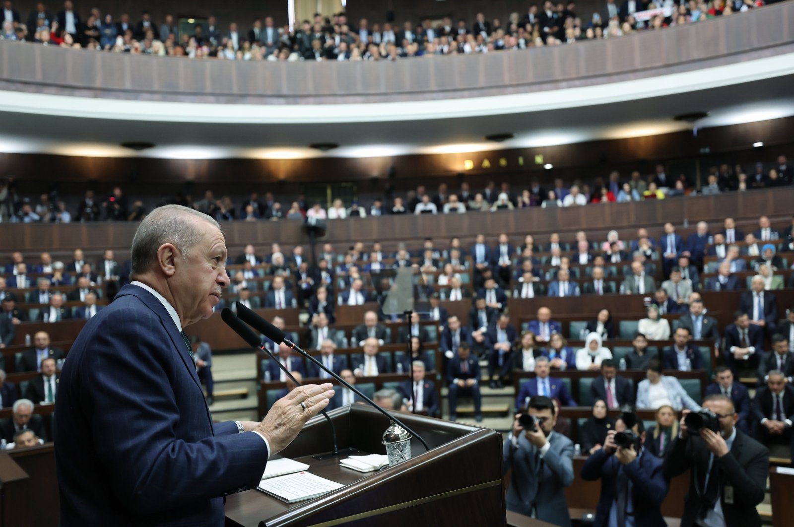 President Recep Tayyip Erdoğan speaks at his ruling Justice and Development Party’s (AK Party) parliamentary meeting in Ankara, Türkiye, May 15, 2024. (AA Photo)