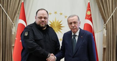 President Recep Tayyip Erdoğan (R) shakes hands with Ukraine's parliament Chairperson Ruslan Stefanchuk, Ankara, Türkiye, May 15, 2024. (AA Photo)