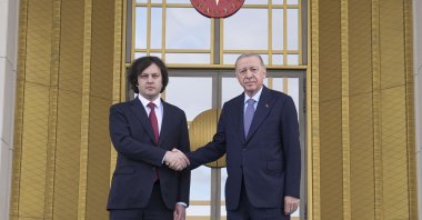 President Recep Tayyip Erdoğan and Georgian PM Irakli Kobakhidze shake hands at the Presidential Complex in Ankara, May 16, 2024. (AA Photo)