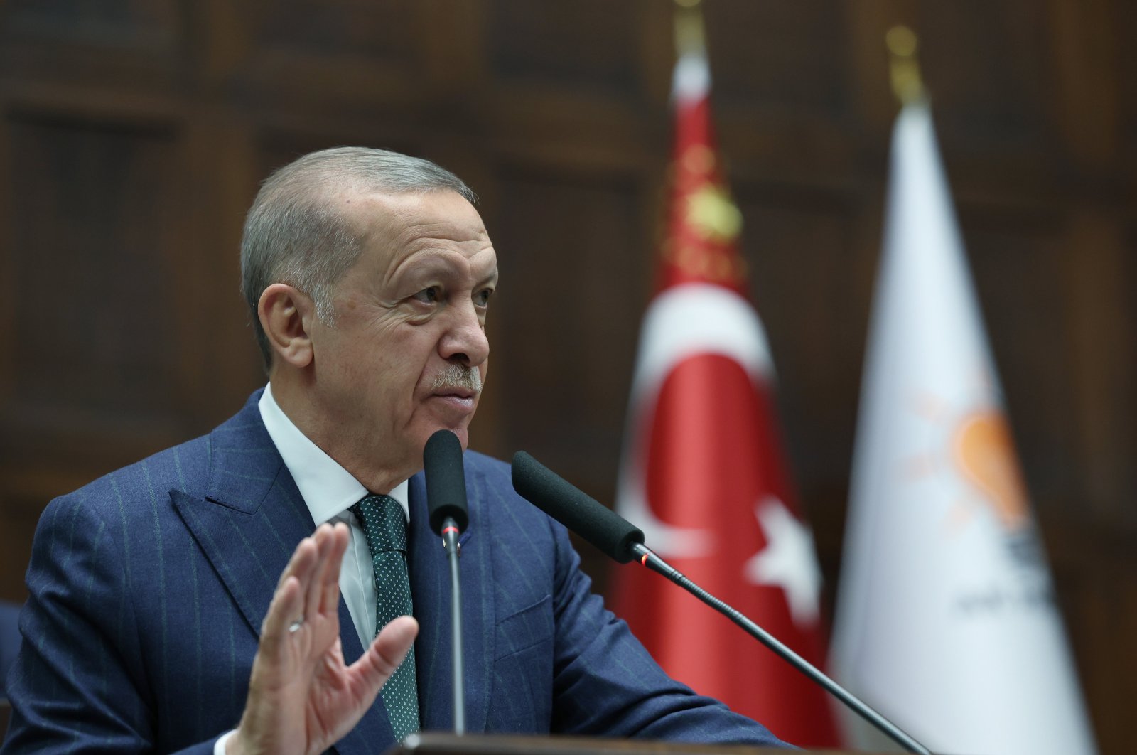 President Recep Tayyip Erdoğan speaks during his party&#039;s group meeting at Parliament, Ankara, Türkiye, May 15, 2024. (AA Photo)