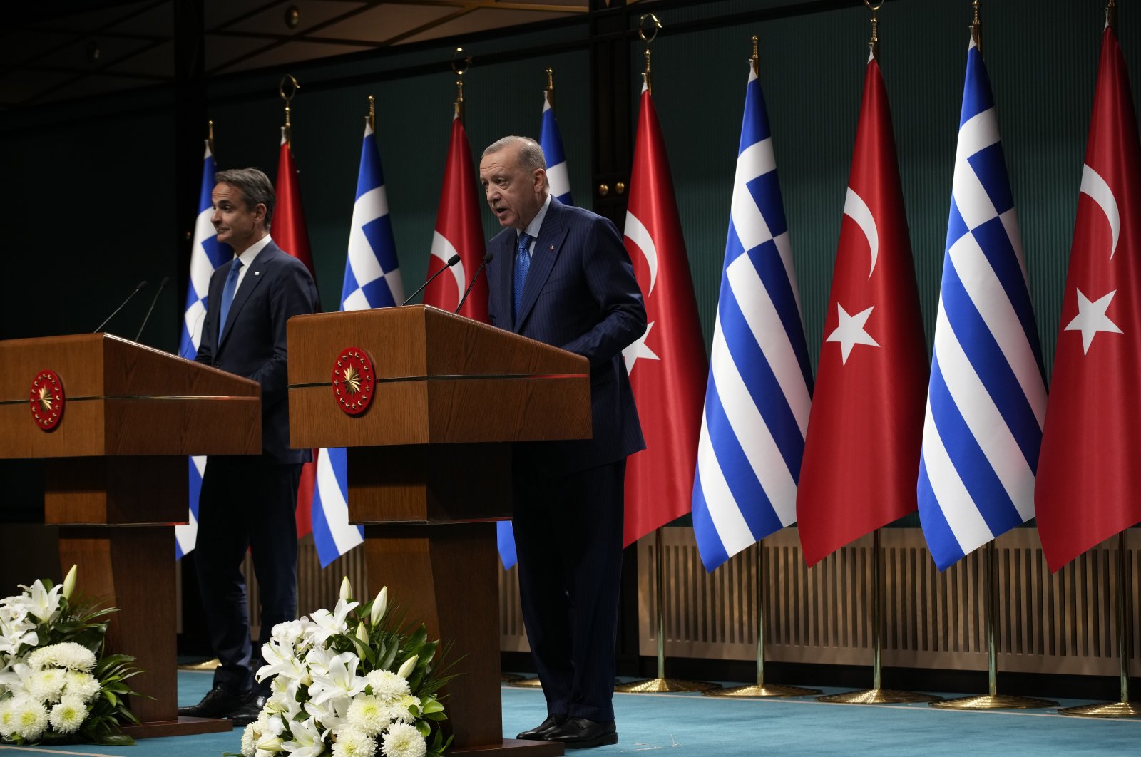 President Recep Tayyip Erdoğan and Greek Prime Minister Kyriakos Mitsotakis speak to the media after their talks in Ankara, Türkiye, May 13, 2024. (AP Photo)