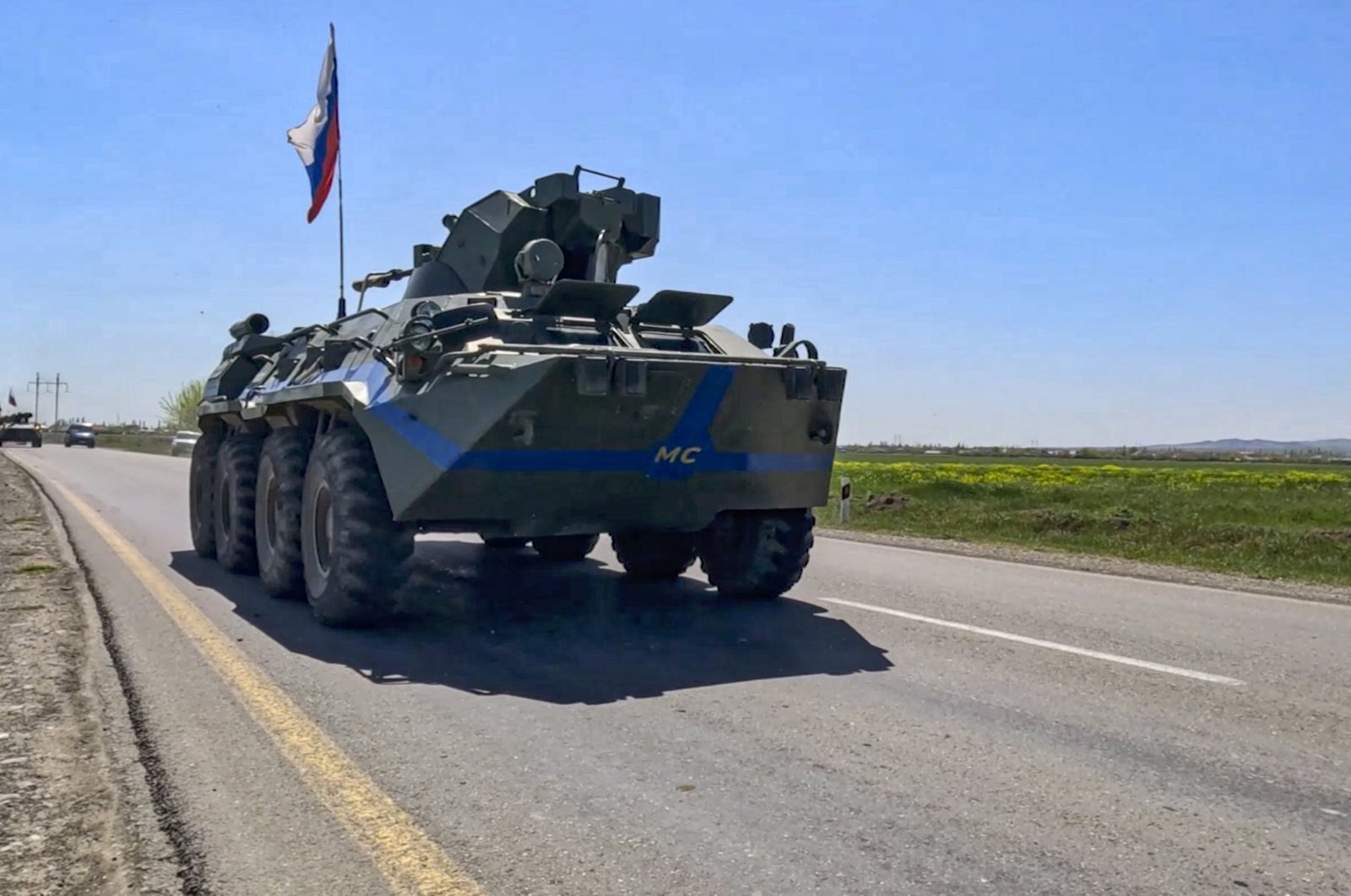 A Russian military vehicle prepares for withdrawal from Azerbaijan after a Russian peacekeeping mission in Karabakh, Kalbajar district, Azerbaijan, April 17, 2024. (EPA Photo)