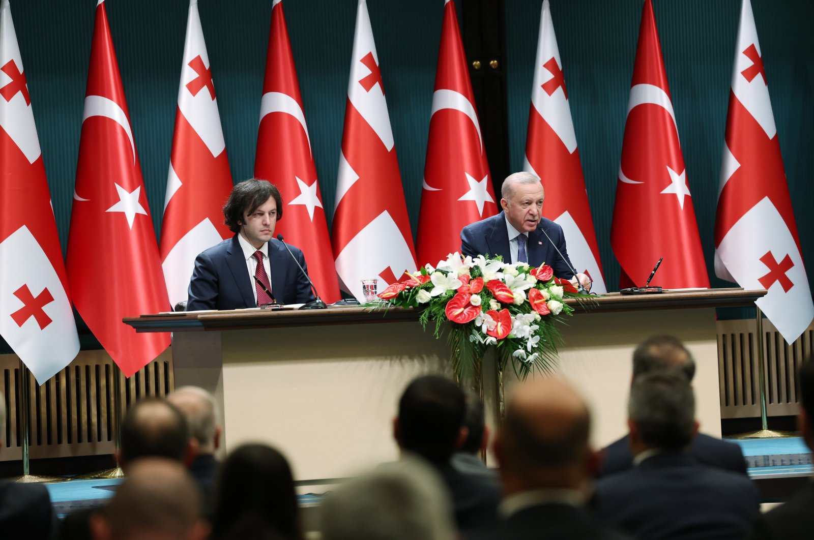 President Recep Tayyip Erdoğan (R) speaks at a joint news conference with Georgian Prime Minister Irakli Kobakhidze, Ankara, Türkiye, May 16, 2024. (IHA Photo)