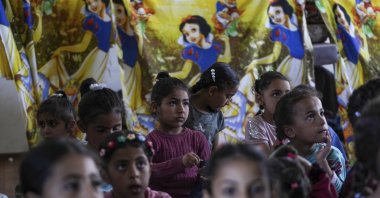Children attend an activity at a makeshift class, Deir al-Balah, Palestine, April 20, 2024. (AP Photo)