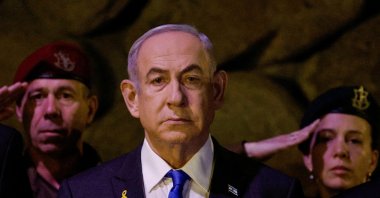 Israeli Prime Minister Benjamin Netanyahu (C) attends a wreath-laying ceremony marking Holocaust Remembrance Day, the World Holocaust Remembrance Center, west Jerusalem, Israel, May 6, 2024. (Reuters Photo)