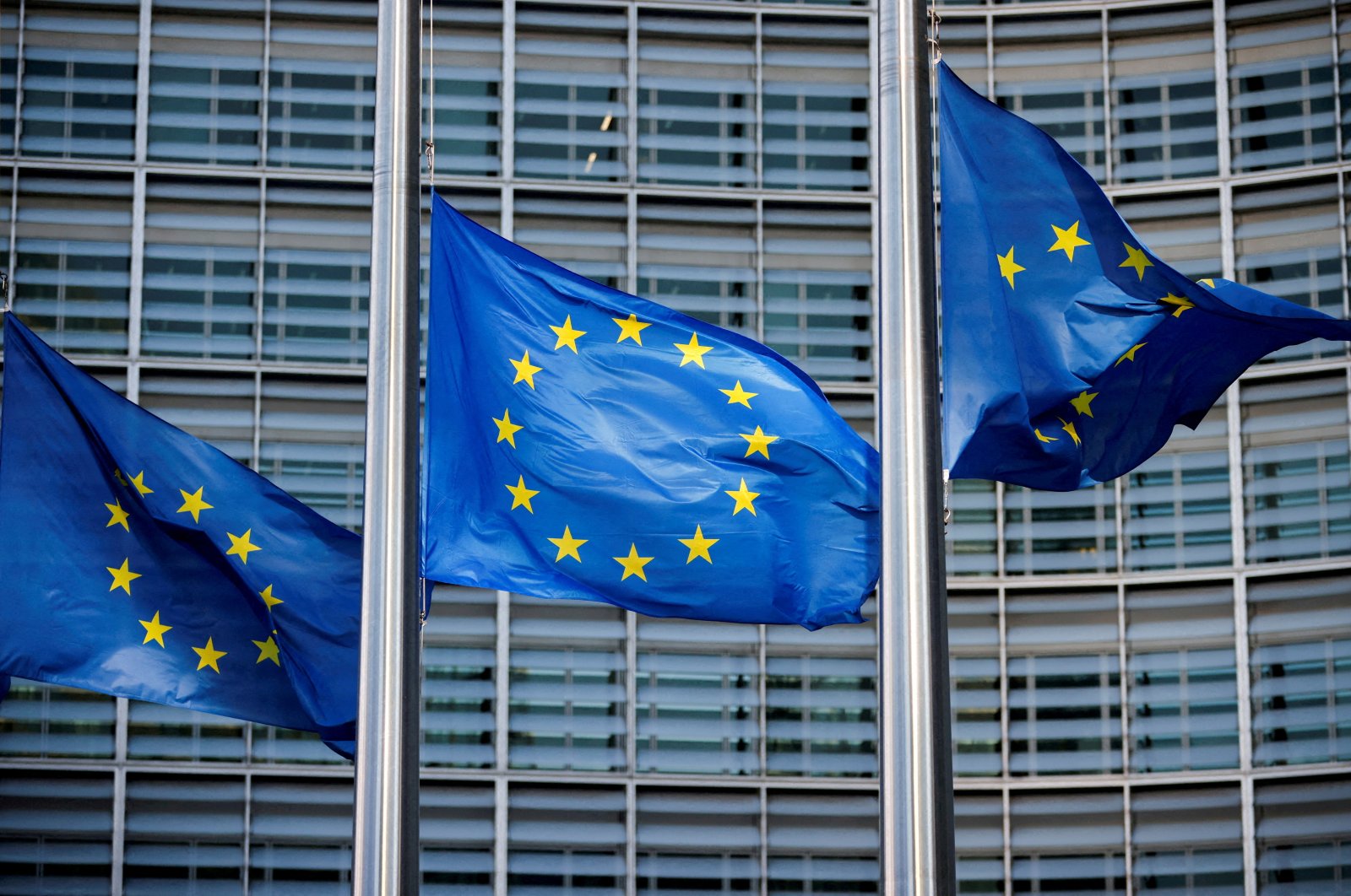 European Union flags fly outside the European Commission headquarters in Brussels, Belgium, March 1, 2023. (Reuters File Photo)