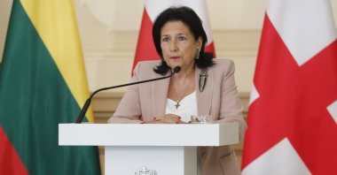 Georgian President Salome Zurabishvili speaks during a joint news conference with foreign ministers following their talks in Tbilisi, Georgia, May 15, 2024. (EPA Photo)