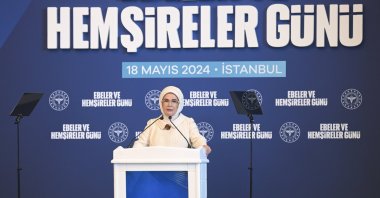 First Lady Emine Erdoğan speaks at Başakşehir Çam ve Sakura Hospital in Istanbul, May 18, 2024. (AA Photo)