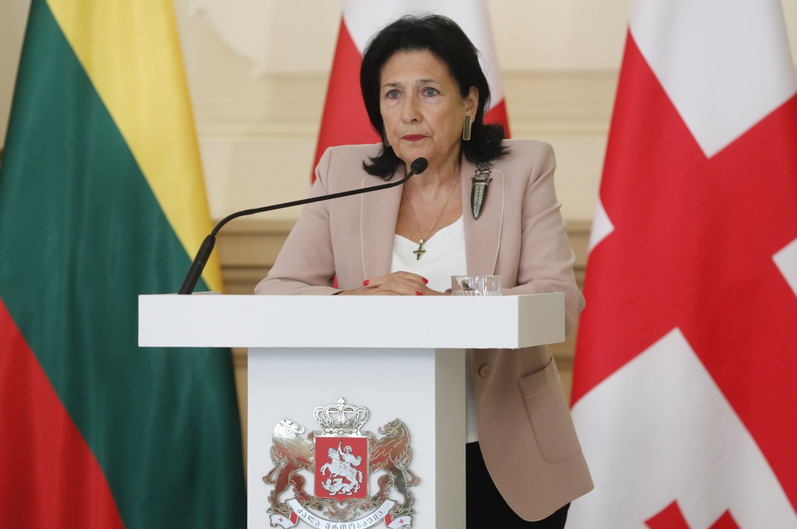 Georgian President Salome Zurabishvili speaks during a joint news conference with foreign ministers following their talks in Tbilisi, Georgia, May 15, 2024. (EPA Photo)