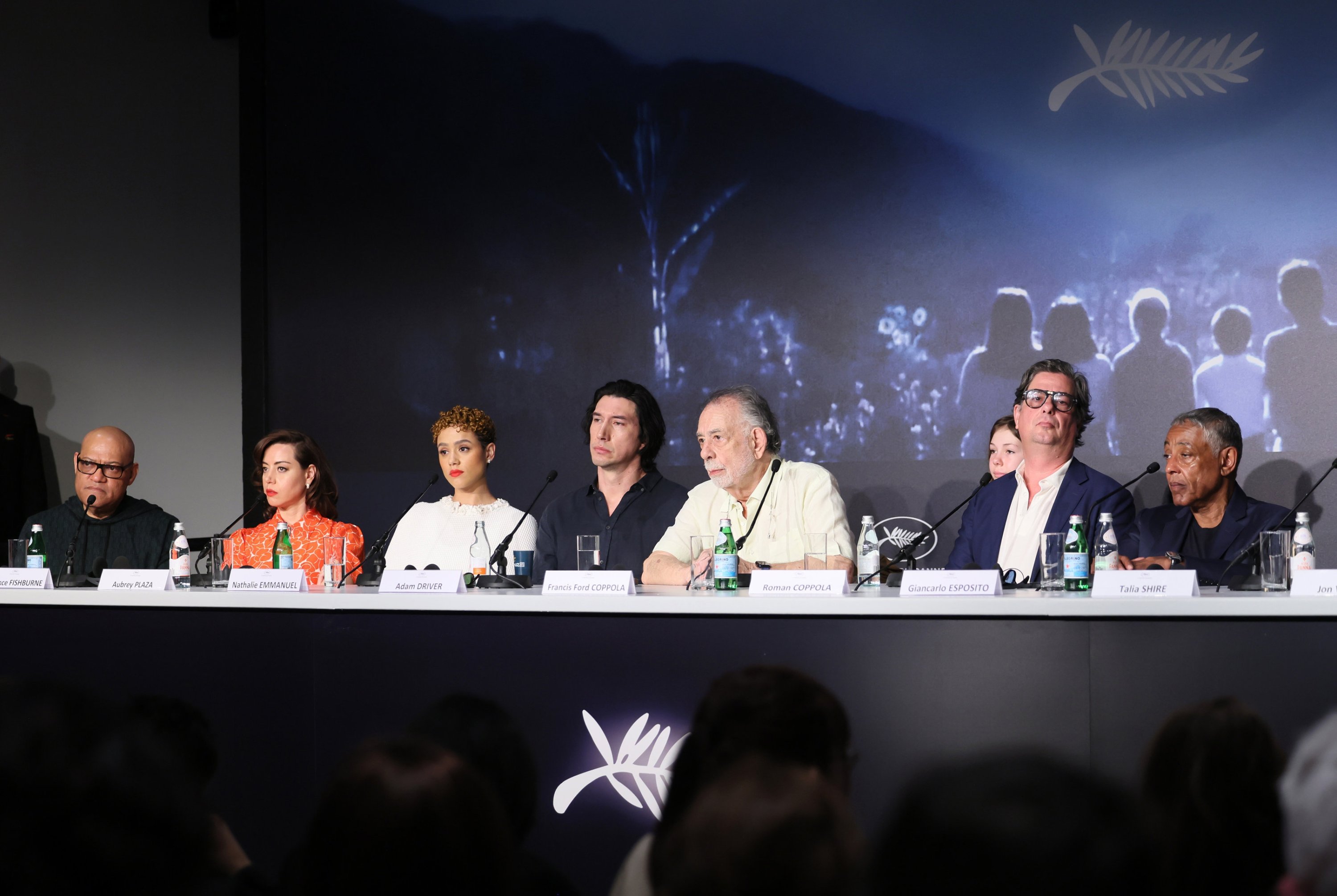 (L-R) Actors Laurence Fishburne, Aubrey Plaza, Nathalie Emmanuel, Adam Driver, and U.S. director Francis Ford Coppola attend the press conference for 