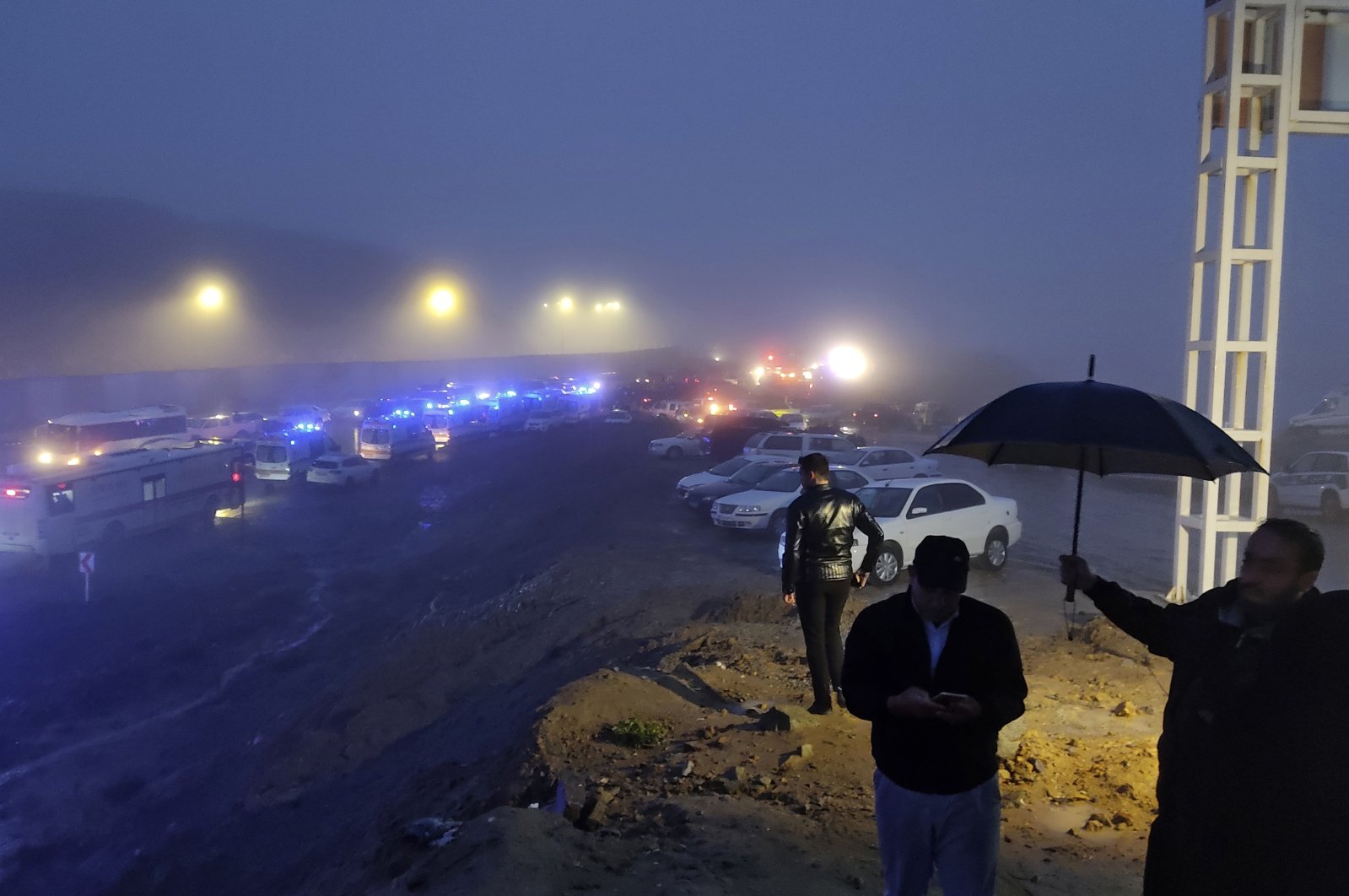 In this photo provided by Moj News Agency, rescue teams&#039; vehicles are seen near the site of the incident of the helicopter carrying Iranian President Ebrahim Raisi in Varzaghan in northwestern Iran, Sunday, May 19, 2024. (Azin Haghighi/Moj News Agency via AP)