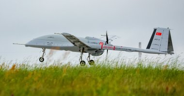 The Bayraktar TB3 unmanned combat aerial vehicle is photographed during its test flight, at the AKINCI Flight Training and Test Center in the Çorlu district of Tekirdağ, northwestern Türkiye, May 2, 2023. (AA Photo)