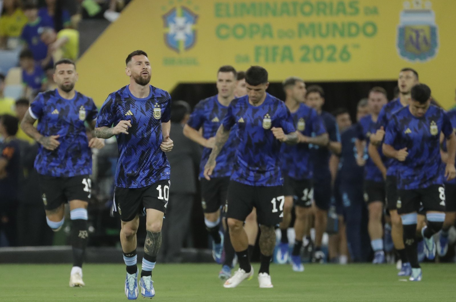 Argentina&#039;s Lionel Messi (2nd L) and teammates warm up prior to a qualifying match for the FIFA World Cup 2026 against Brazil, Maracana stadium, Rio de Janeiro, Brazil, Nov. 21, 2023. (AP Photo)