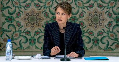 Asma Assad, wife of Syria's Bashar Assad, attends a meeting in Damascus, Syria, April 7, 2021. (AP Photo)