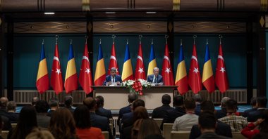 President Recep Tayyip Erdoğan and Romania&#039;s Prime Minister Marcel Ciolacu attend a joint news conference in Ankara, Tuesday, May 21, 2024. (AA Photo)