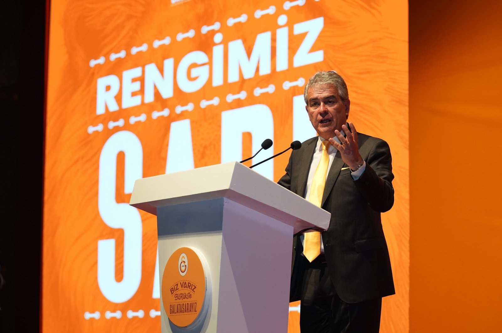 Galatasaray presidential candidate, Süheyl Batum, speaks during the meeting at the Raffles Hotel, Istanbul, Türkiye, May 20, 2024. (AA Photo)
