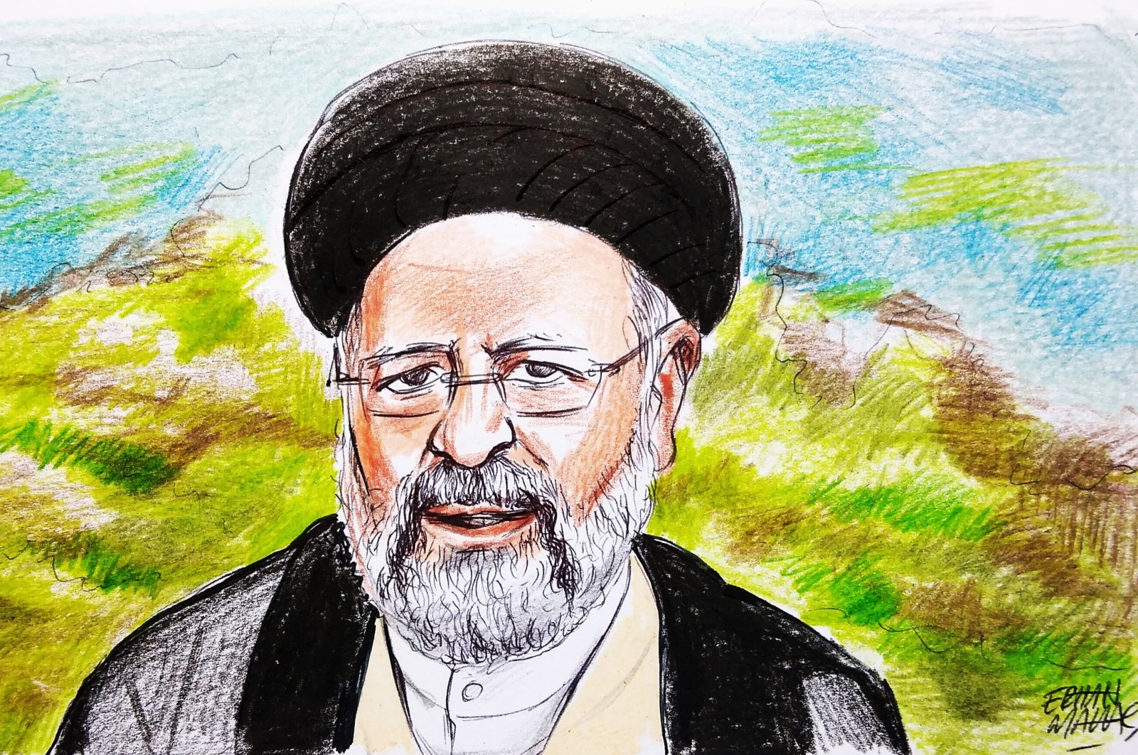 The illustration depicts Iranian President Ebrahim Raisi, who died in a helicopter crash on Sunday along with other government officials and crew members. (Illustration by Erhan Yalvaç)