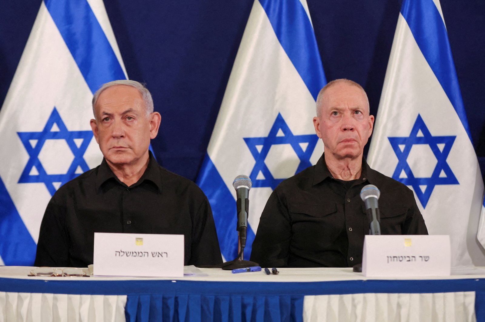 Israeli Prime Minister Benjamin Netanyahu and Defense Minister Yoav Gallant during a press conference in the Kirya military base in Tel Aviv, Israel , Oct. 28, 2023. (Reuters File Photo)