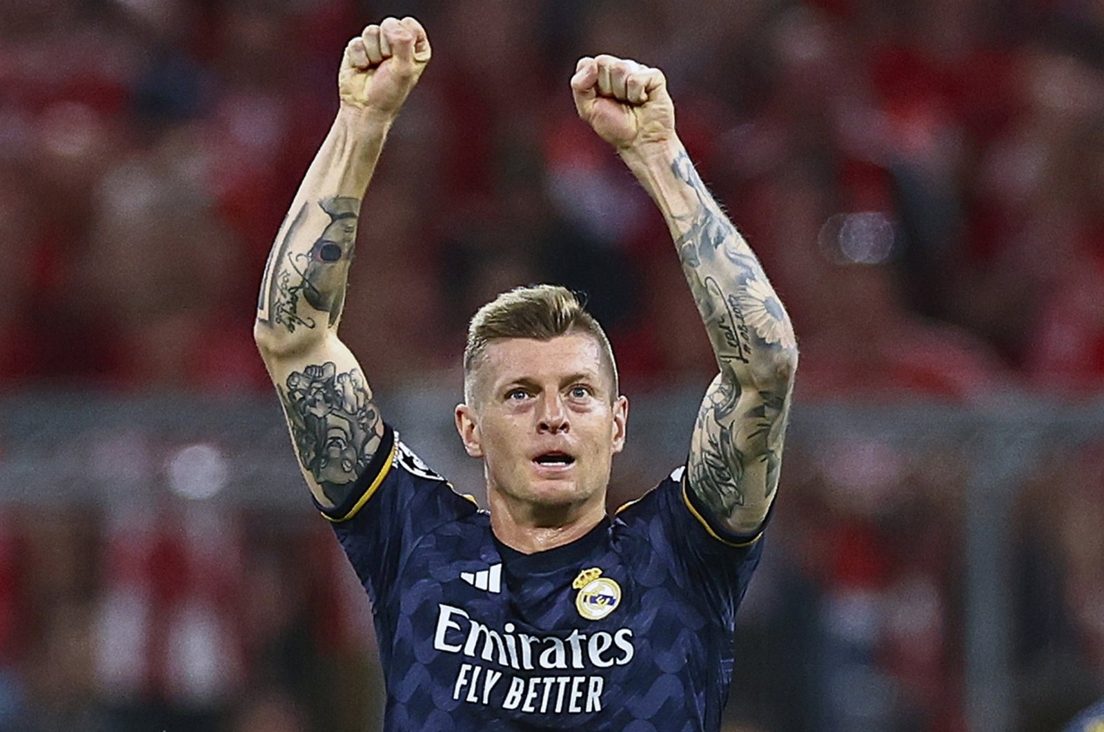 Real Madrid&#039;s Toni Kroos celebrates after the team scored the 1-0 lead during the UEFA Champions League semi final, 1st leg match against Bayern Munich, Munich, Germany, April 30, 2024. (EPA Photo)