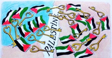 "The keys that Palestinians have held on to for generations may not have opened the doors to their homes yet, but they have opened the hearts of those who were previously deaf and blind to the truth in many parts of the world." (Illustration by Erhan Yalvaç)