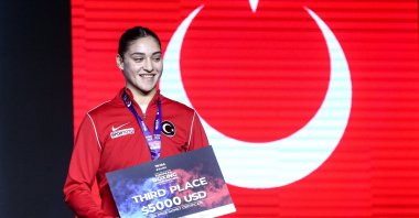 Turkish boxer Büşra Işıldar poses for a photo after coming out third at the 2024 Senior European Boxing Championship, Belgrade, Serbia, April 27, 2024. (AA Photo)