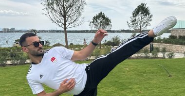 Turkish karateka Uğur Aktaş trains for the Karate 1 Premier League, Istanbul, Türkiye, May 22, 2024. (AA Photo)