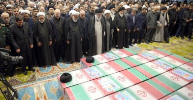 Iranian supreme leader Ayatollah Ali Khamenei (C) leads a funeral prayer for late president Ebrahim Raisi and the rest of the victims in Tehran, Iran, May 22, 2024. (EPA Photo)