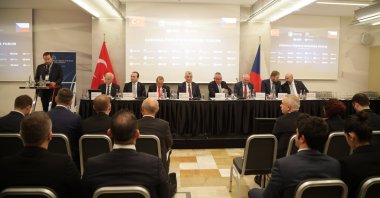 Trade Minister Ömer Bolat (4th L) and Czech Trade Minister Jozef Sikela (4th R) attend the Türkiye-Czechia Business Forum, Prague, Czechia, May 21, 2024. (AA Photo)